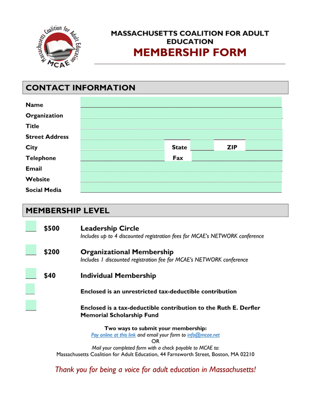 Massachusetts Coalition For Adult Education Membership Form screenshot
