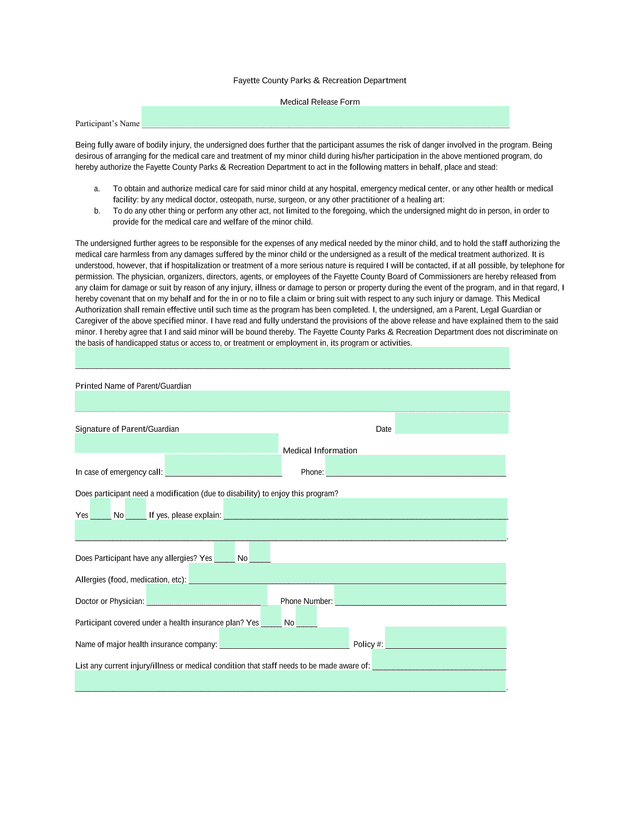 Medical Release Form screenshot