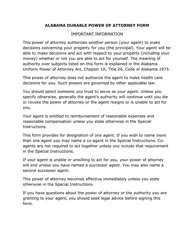 Alabama Durable Power Of Attorney Form screenshot