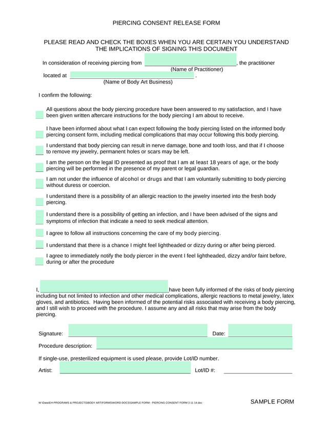 PIERCING CONSENT RELEASE FORM screenshot