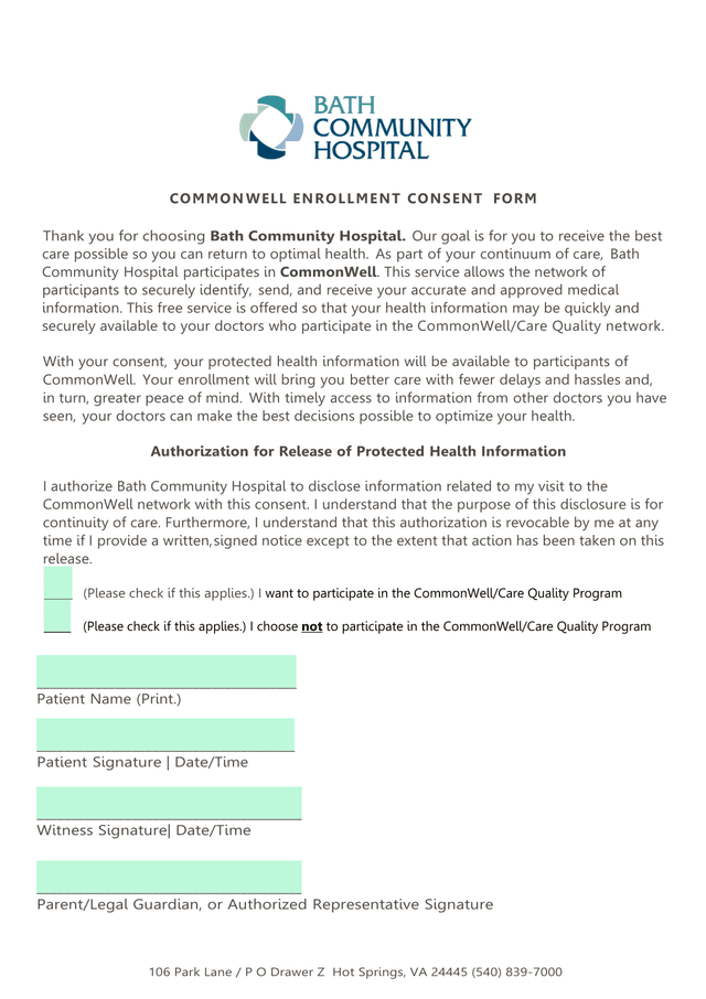 COMMON WELL ENROLLMENT CONSENT FORM screenshot