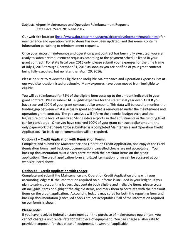 Airport Maintenance And Operation Reimbursement Requests screenshot