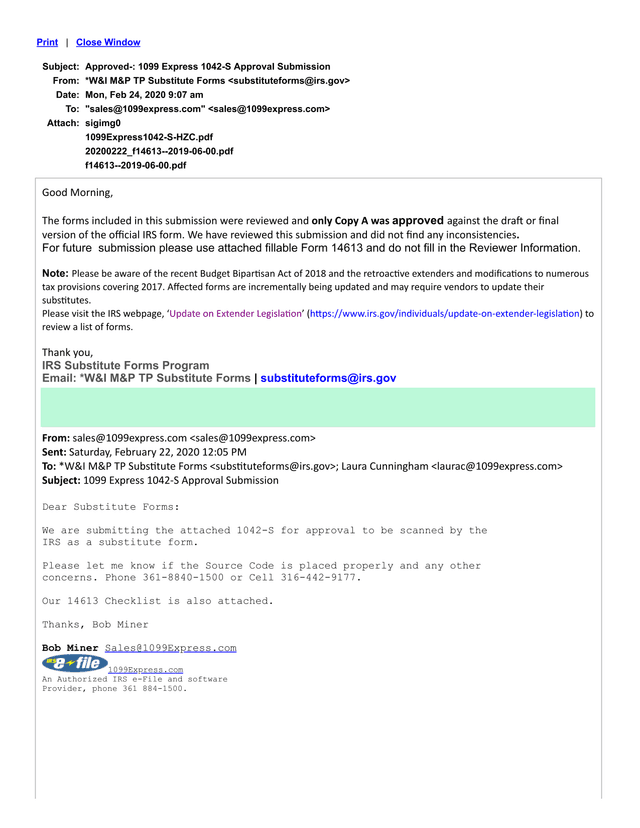 1099 Express 1042 S Approval Submission screenshot