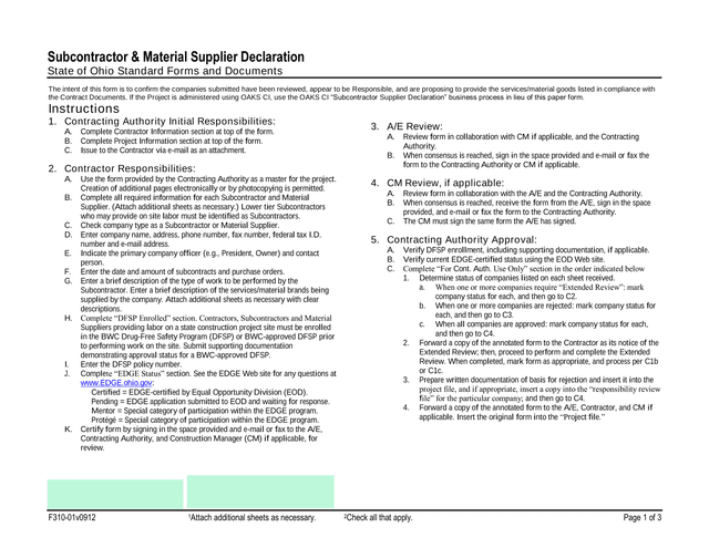 Subcontractor  Material Supplier Declaration screenshot