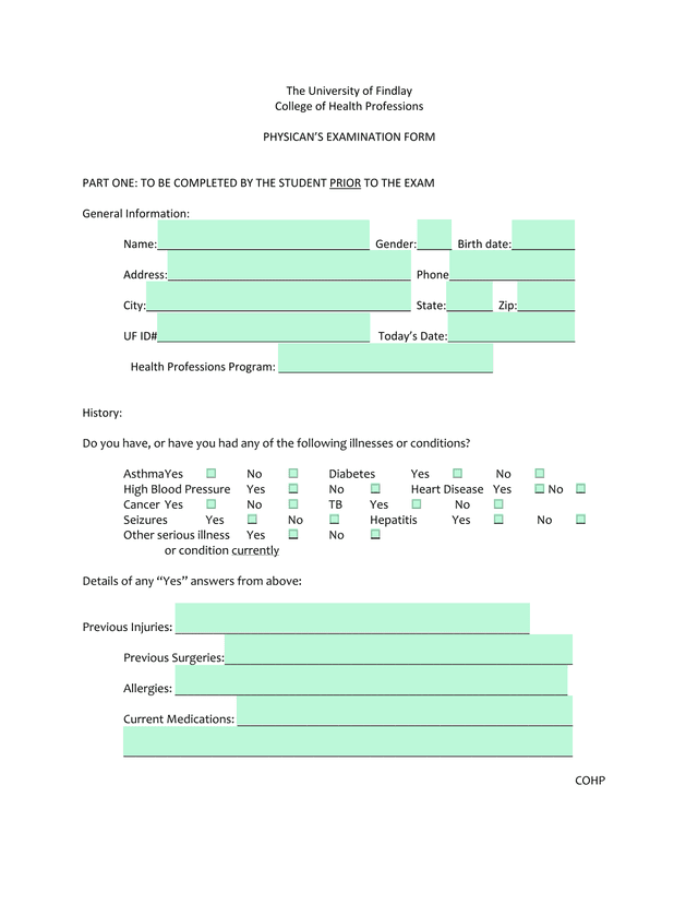 PHYSICANS EXAMINATION FORM screenshot