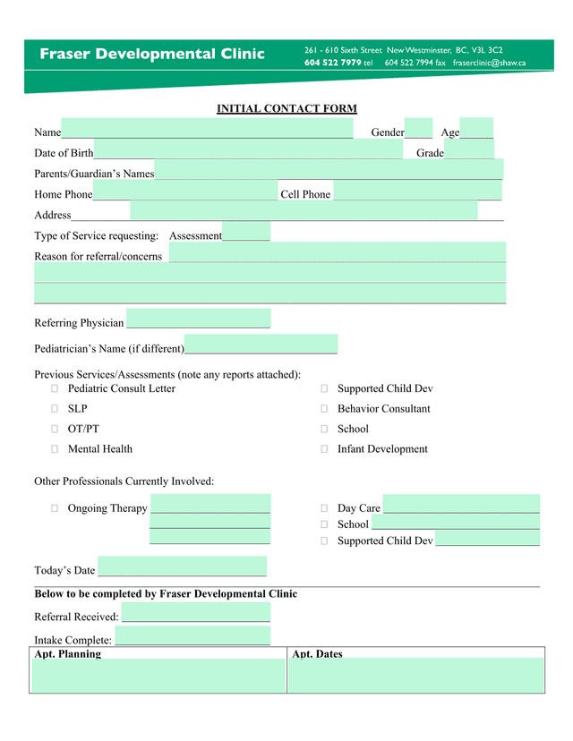 INITIAL CONTACT FORM screenshot