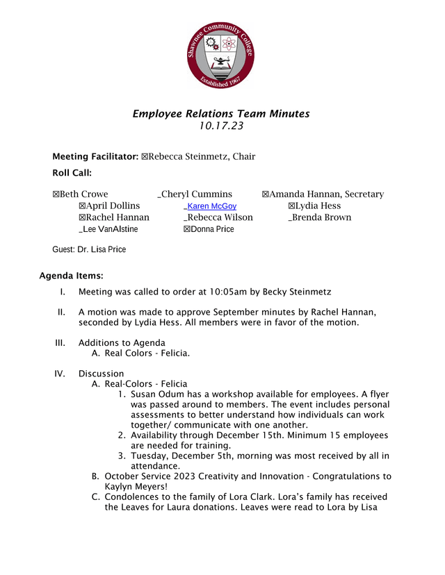 Employee Relations Team Minutes screenshot
