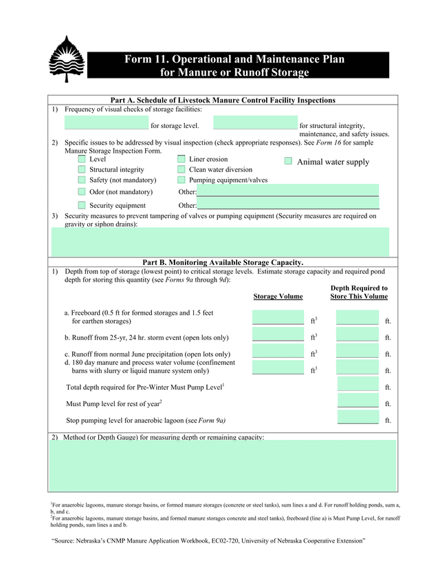 Form 11. Operational And Maintenance Plan For Manure Or Runoff Storage screenshot