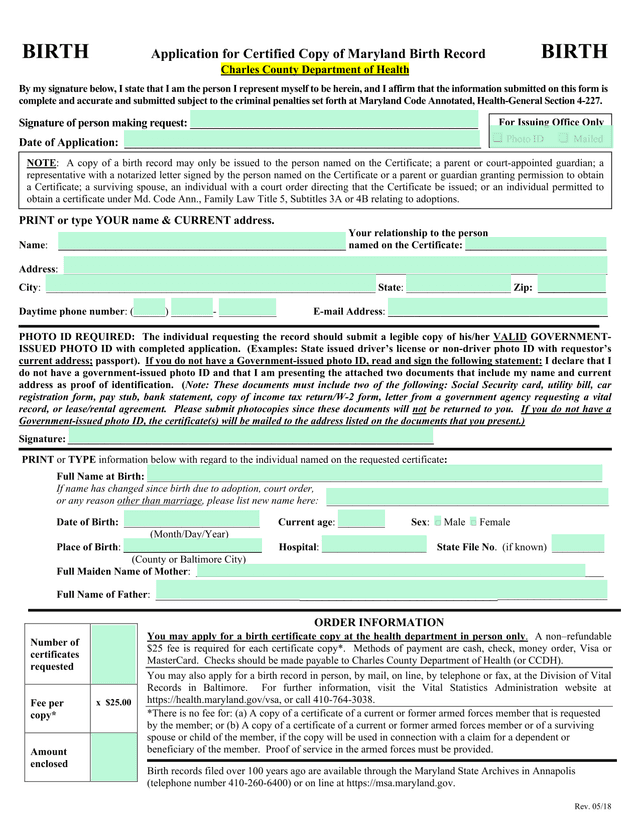 Application For Certified Copy Of Maryland Birth Record screenshot