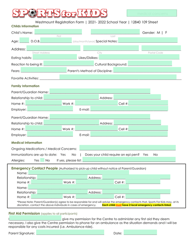 Westmount Registration Form screenshot