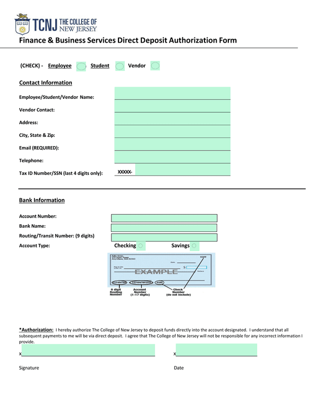 Direct Deposit Authorization Form screenshot