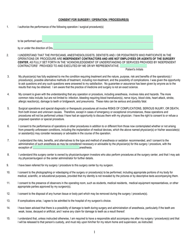Consent For Surgery  Operation  Procedure(S) screenshot