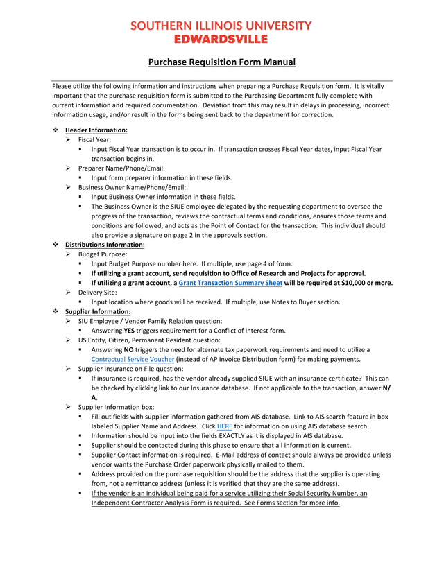Purchase Requisition Form Manual screenshot