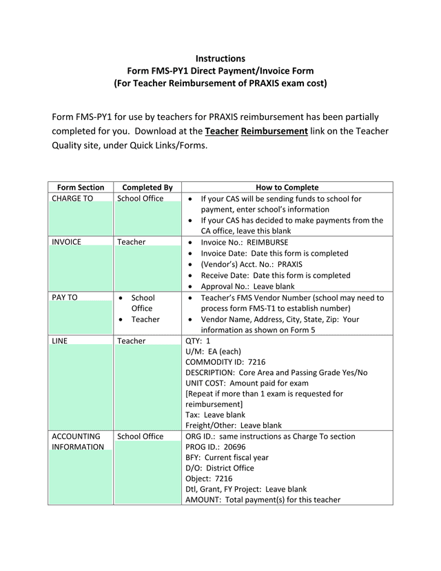 Form FMS PY1 Direct PaymentInvoice Form screenshot