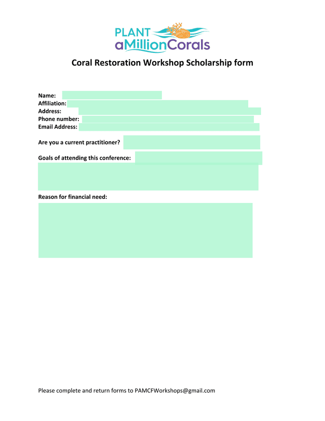 Coral Restoration Workshop Scholarship Form screenshot