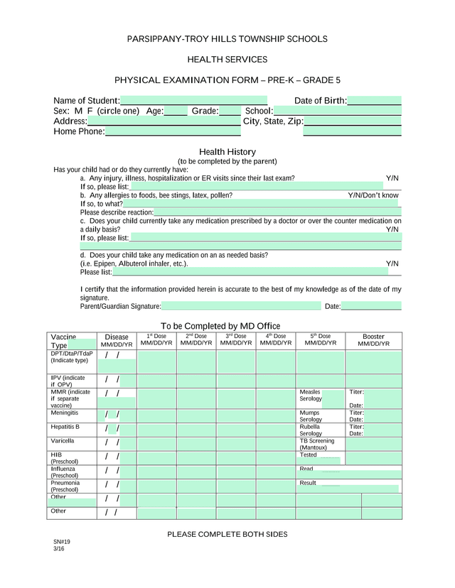 Physical Examination Form  Pre K  Grade 5 screenshot