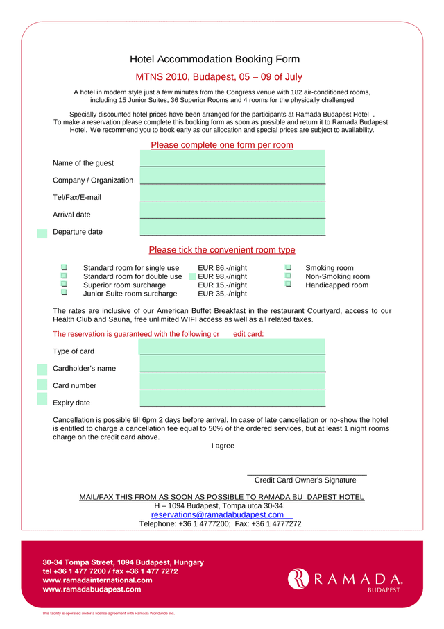 Hotel Accommodation Booking Form screenshot