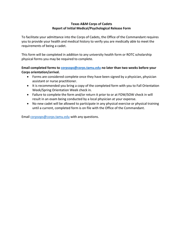 Corps Of Cadets Preparticipation Physical Evaluation  Medical History screenshot