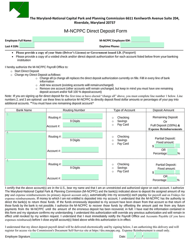 M NCPPC Direct Deposit Form screenshot