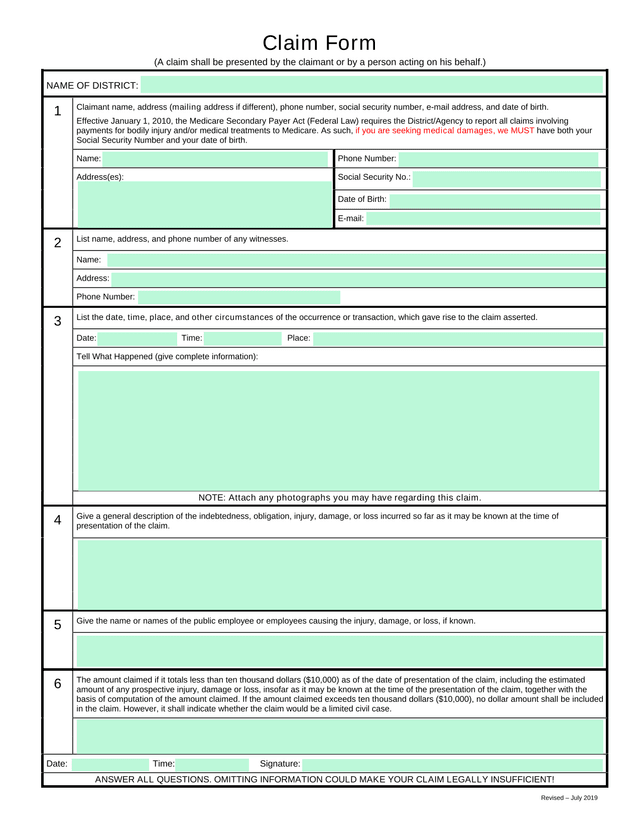 Claim Form screenshot