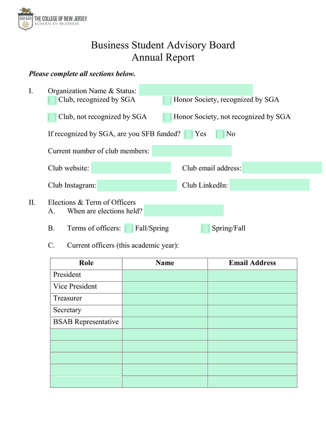 Business Student Advisory Board Annual Report screenshot