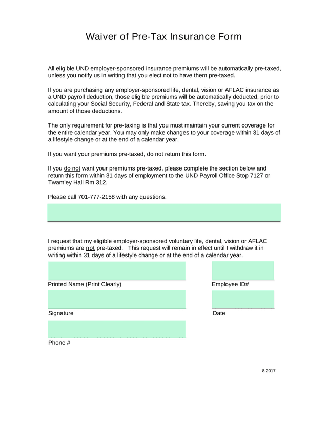 Waiver Of Pre Tax Insurance Form screenshot
