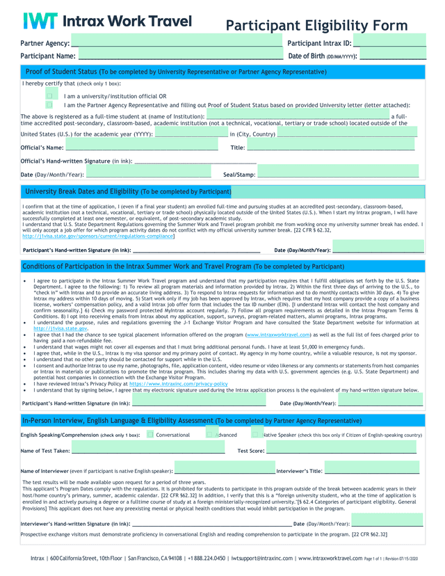 Participant Eligibility Form screenshot