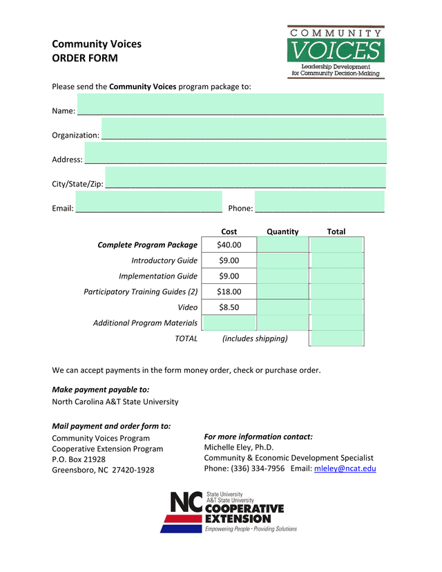 Community Voices Order Form screenshot
