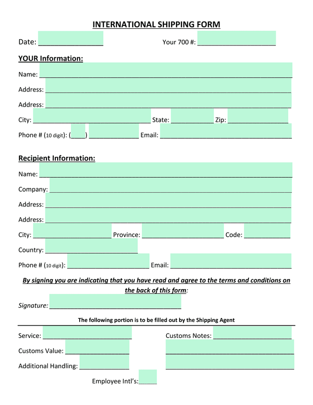 International Shipping Form screenshot