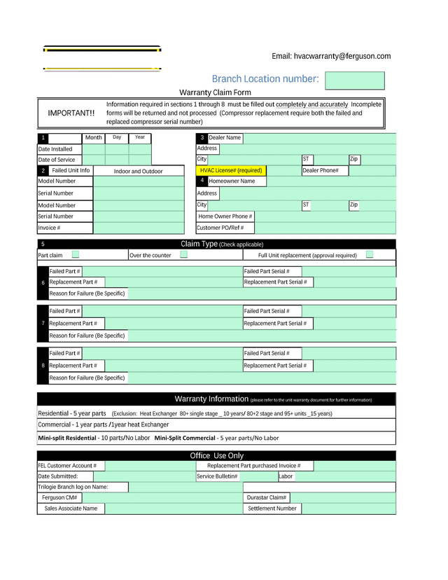 Warranty Claim Form screenshot