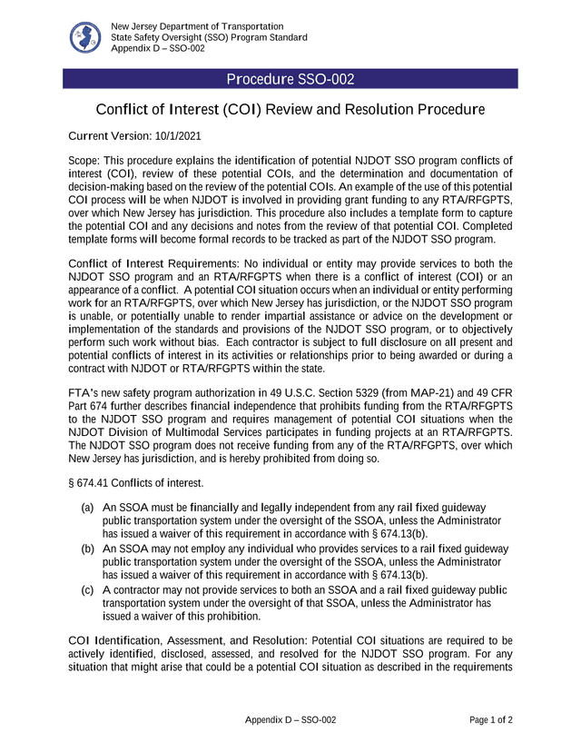 Appendix D  SSO 002 Procedure SSO 002 Conflict Of Interest (COI) Review And Resolution Procedure screenshot