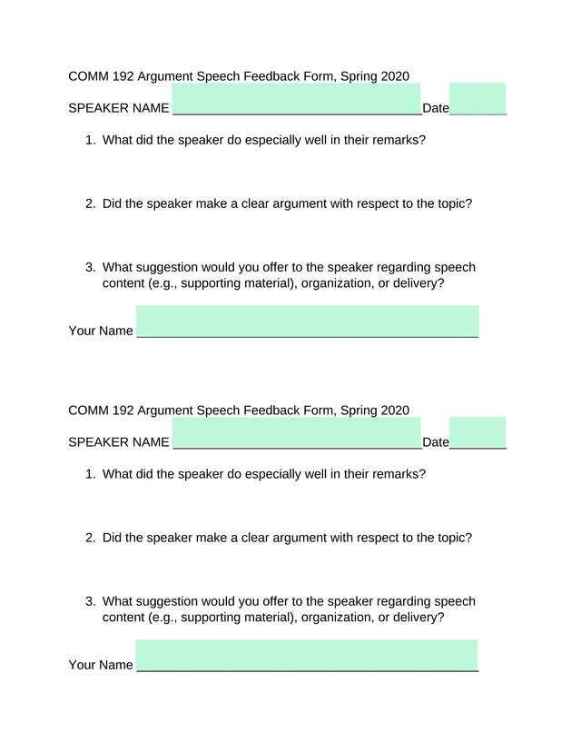 COMM 192 Argument Speech Feedback Form, Spring 2020 screenshot