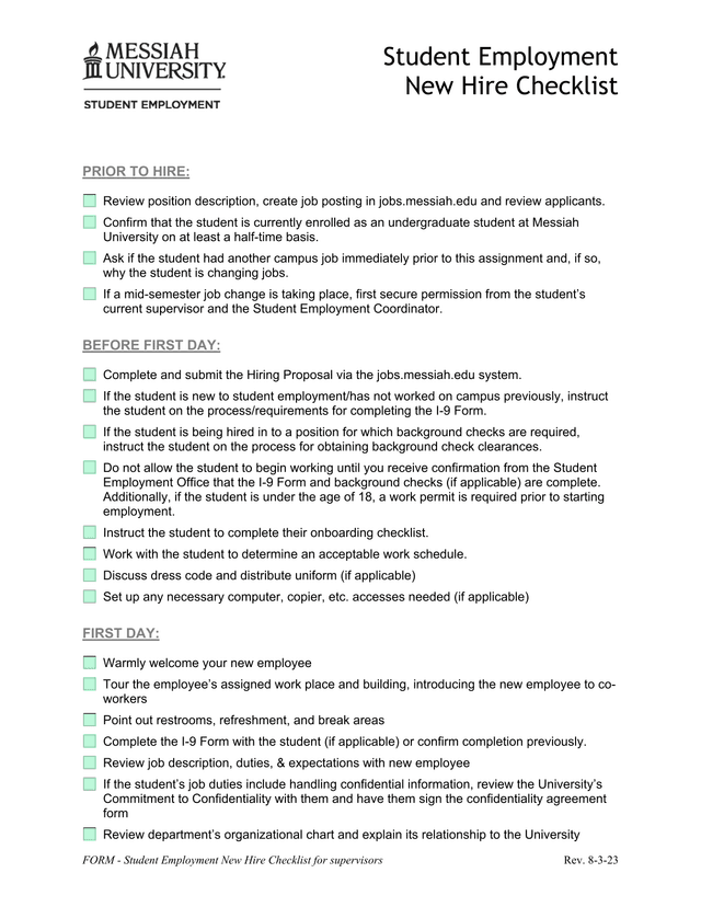 Student Employment New Hire Checklist screenshot