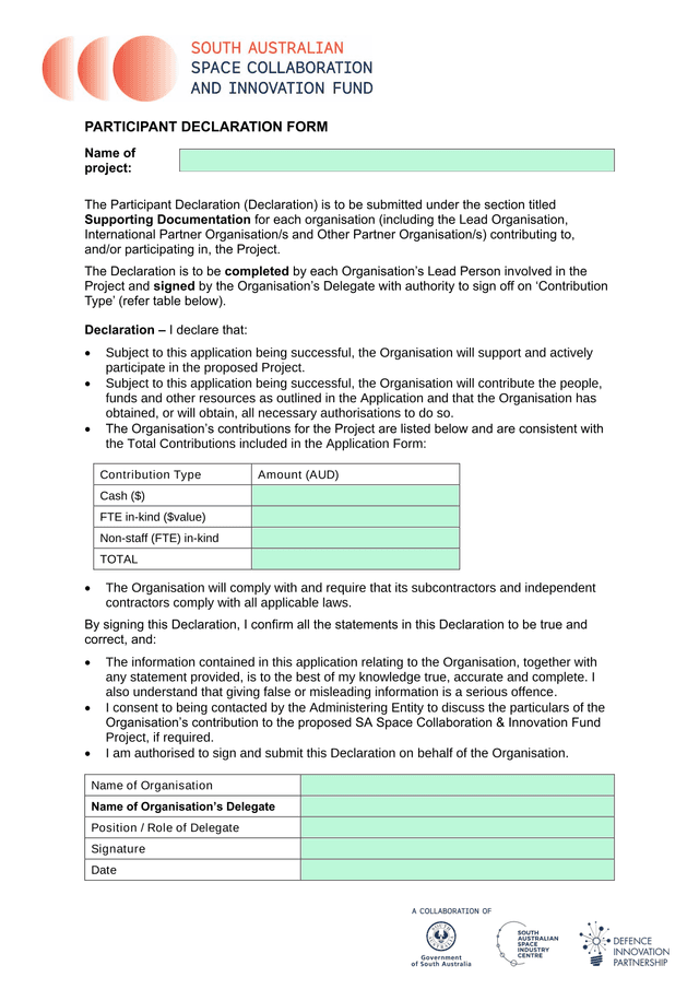 Participant Declaration Form screenshot