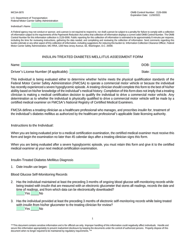 MCSA 5870 Insulin Treated Diabetes Mellitus Assessment Form screenshot