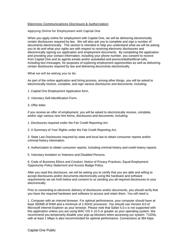 Capital One Public Electronic Communications Disclosure  Authorization screenshot