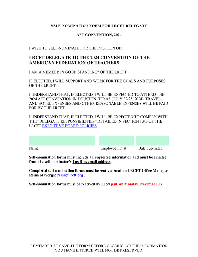 SELF NOMINATION FORM FOR LRCFT DELEGATE screenshot