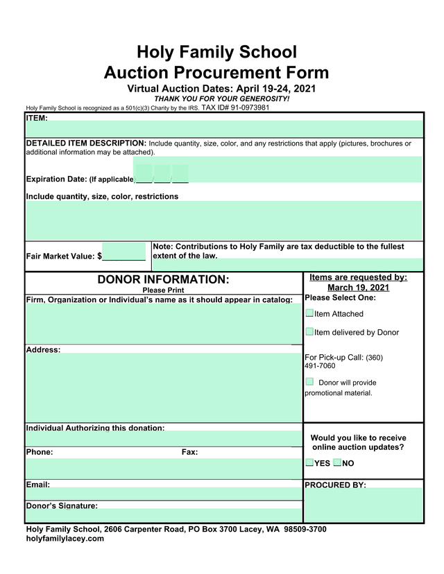 Holy Family School Auction Procurement Form screenshot