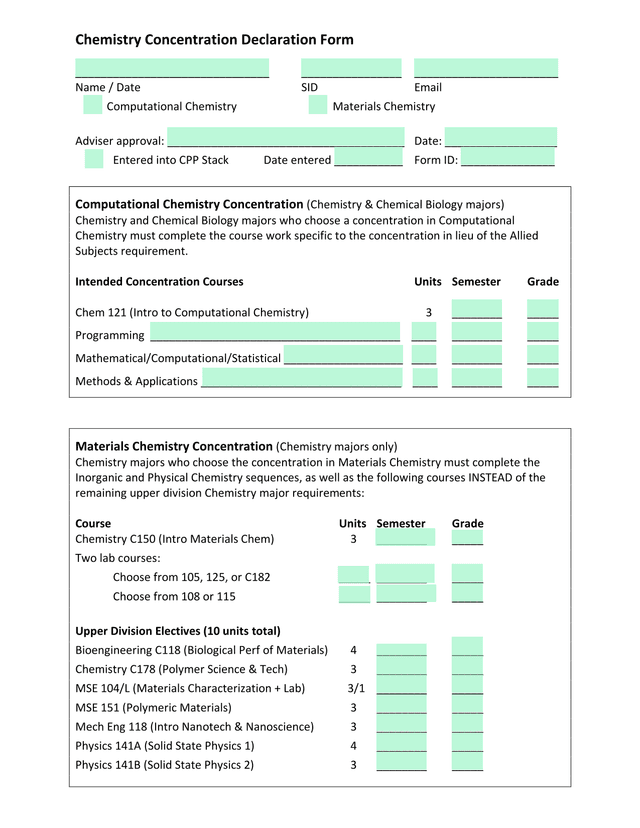 Chemistry Concentration Declaration Form screenshot