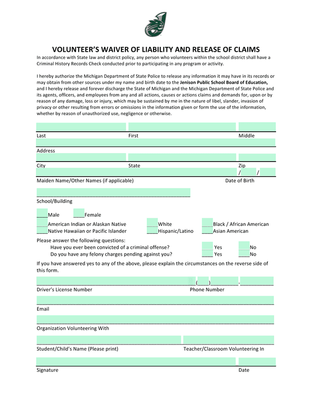 VolunteerS Waiver Of Liability And Release Of Claims screenshot