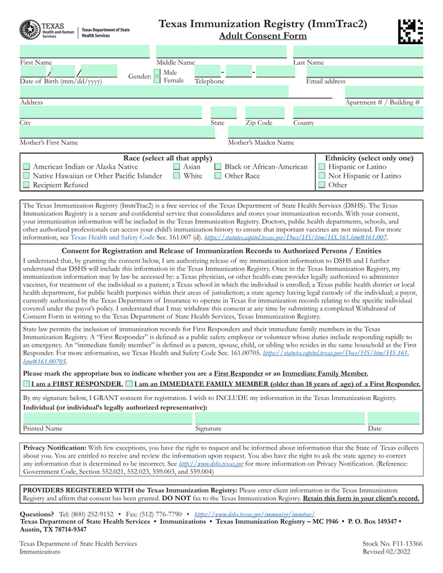 Texas Immunization Registry (ImmTrac2) Adult Consent Form screenshot