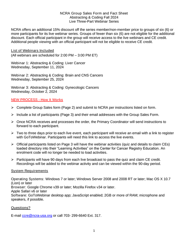 NCRA Group Sales Form And Fact Sheet screenshot
