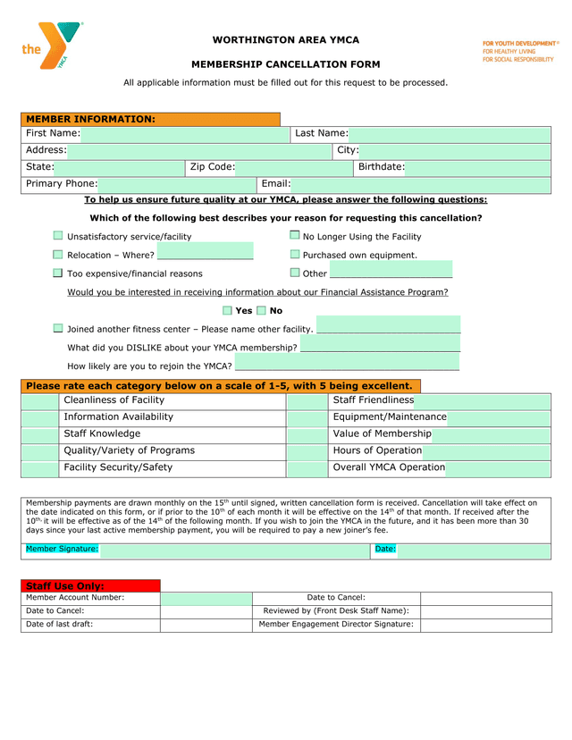 YMCA Membership Cancellation Form screenshot