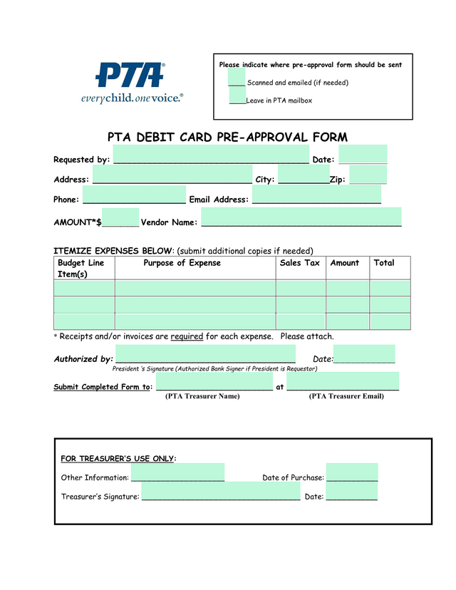PTA Debit Card Pre Approval Form screenshot
