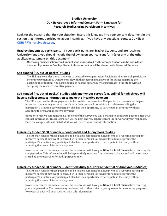 CUHSR Approved Informed Consent Form Language For Research Studies Using Participant Incentives screenshot