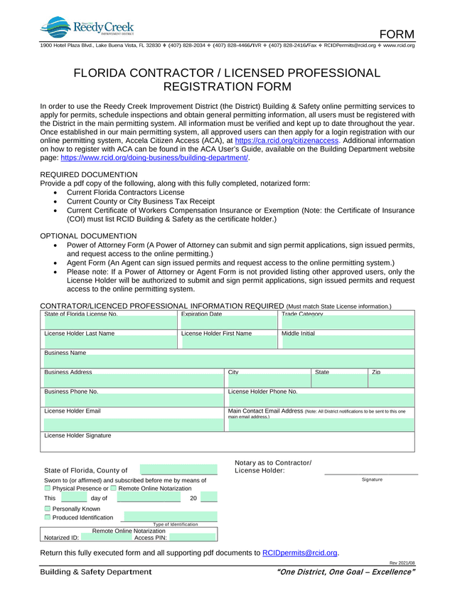 Florida Contractor  Licensed Professional Registration Form screenshot