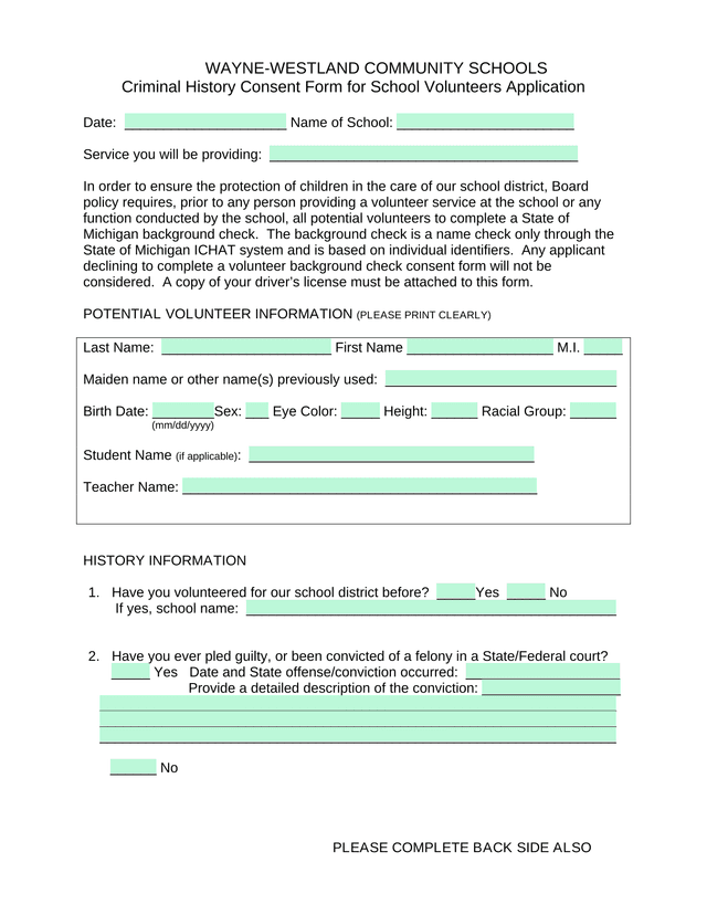 Criminal History Consent Form For School Volunteers Application screenshot