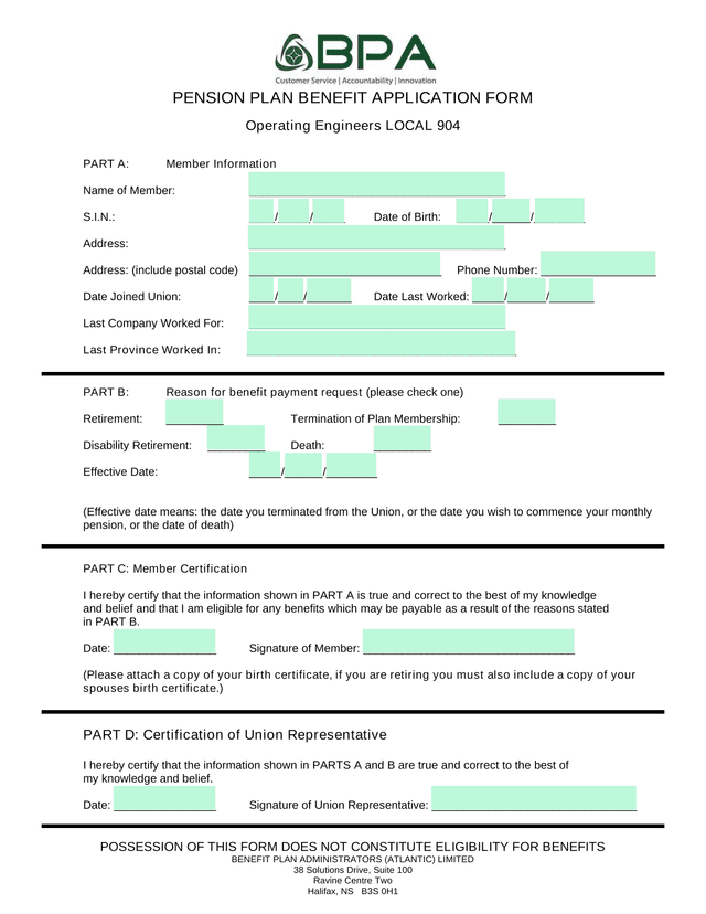 Pension Plan Benefit Application Form screenshot