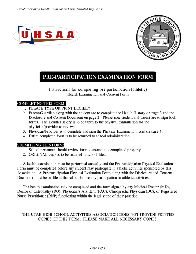 Pre Participation Health Examination Form screenshot