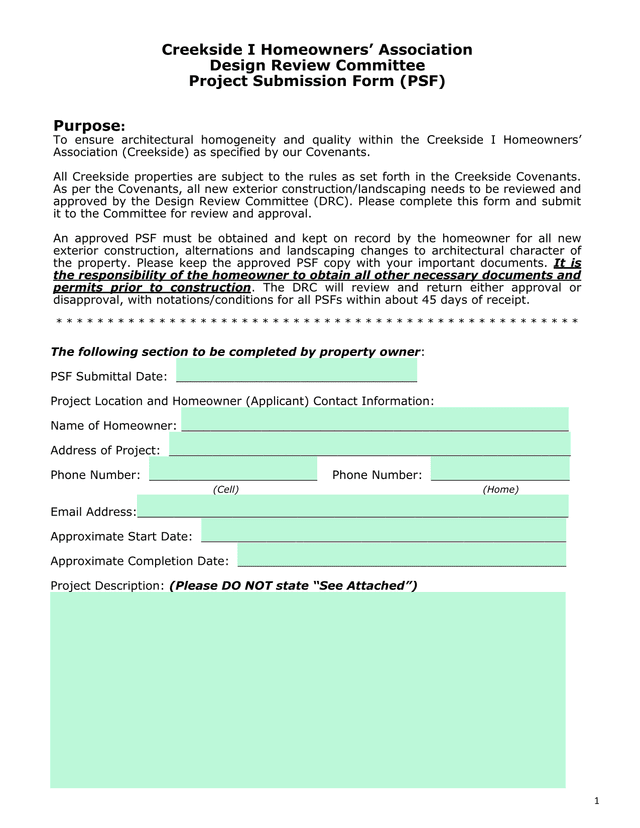 Creekside I Homeowners Association Design Review Committee Project Submission Form (PSF) screenshot